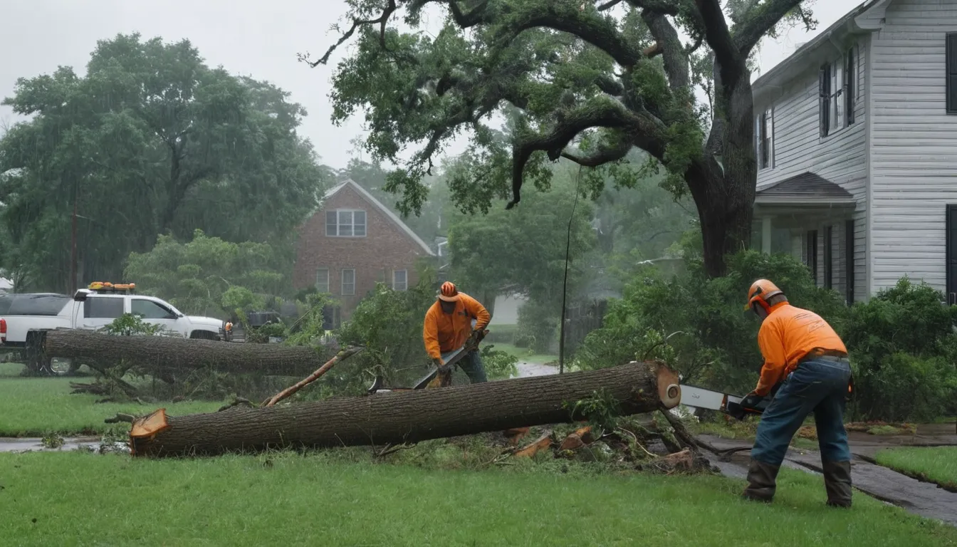 Provider crew safely clearing a fallen tree from a backyard fence in the Memphis area after a storm