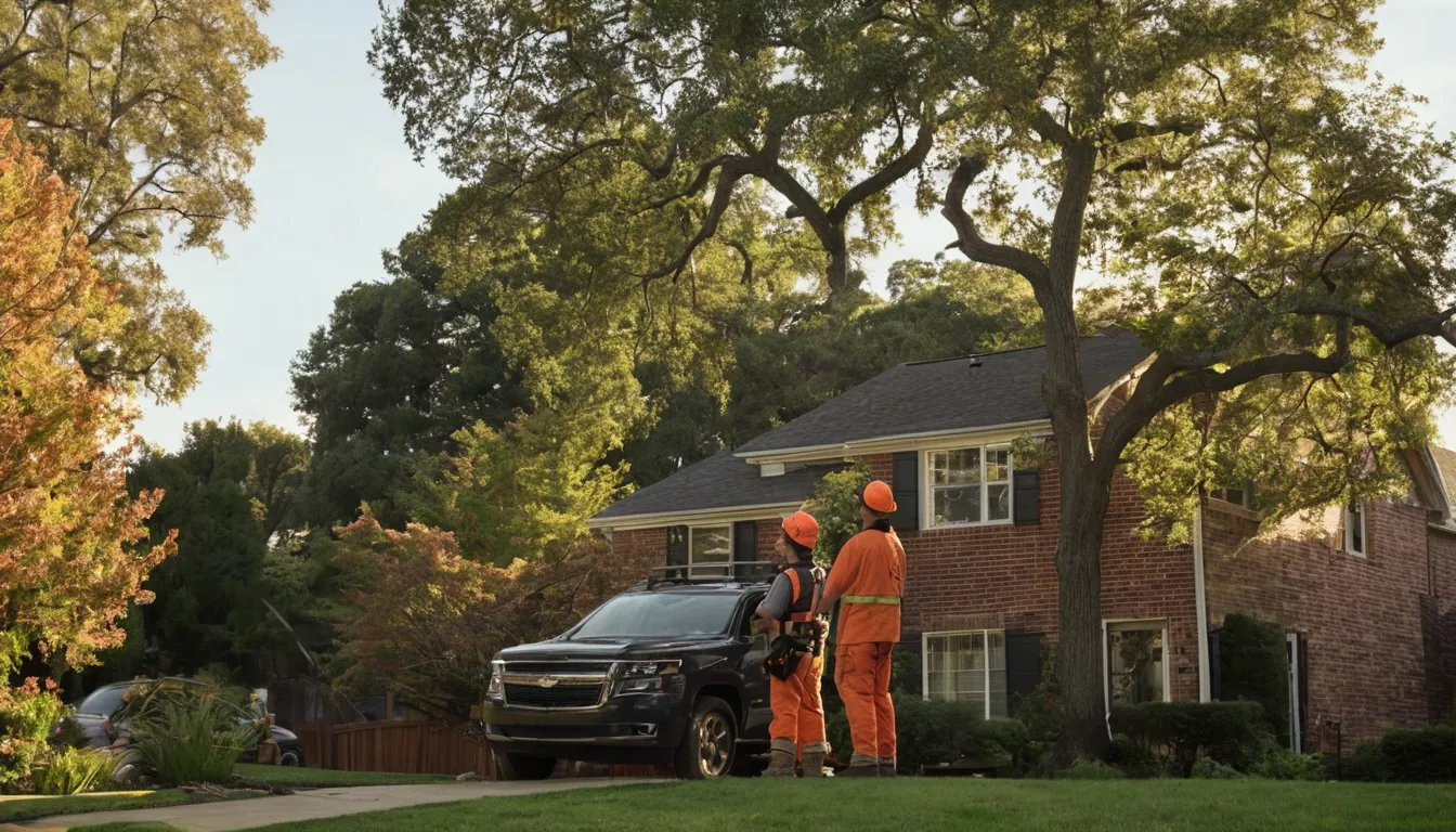 A homeowner and a tree provider looking up at a tall oak in a Memphis backyard