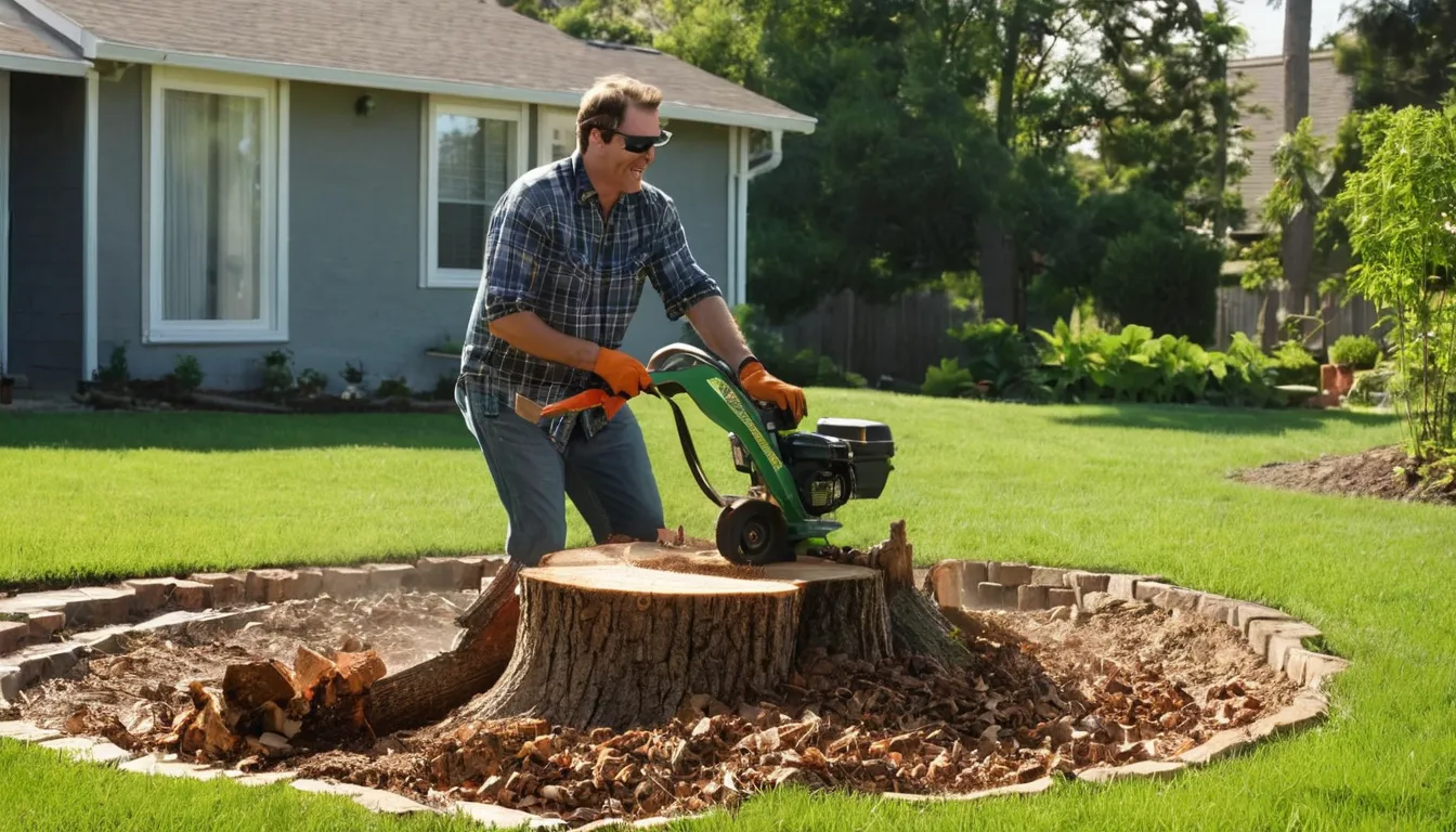 A local provider grinding an old tree stump in a Memphis backyard near a brick home